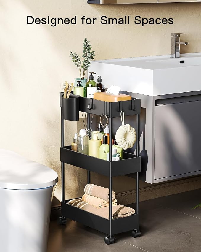 Pipishell 3 Tier Bathroom Storage Cart, Slim Storage Cart with Wheels,Black | 7.1 inch Wide - Fits Narrow Spaces, 1 Storage Cup and 6 Hooks, Ventilation Holes, Durable ABS Material, Detachable Wheels - Image 4