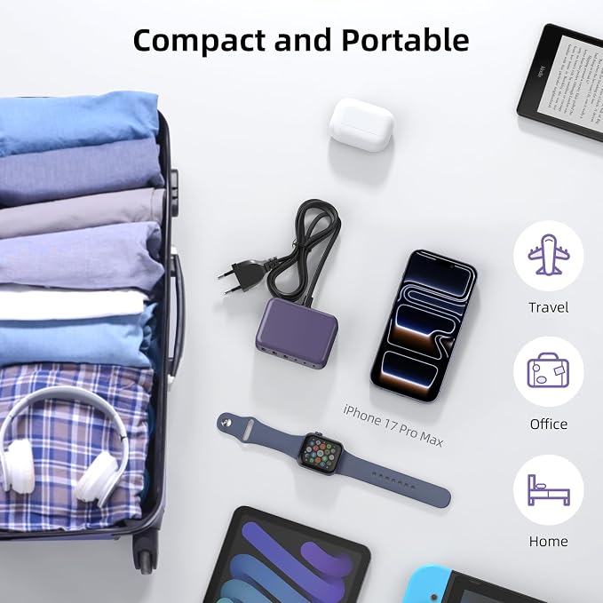 100W 6 in 1 USB Charger, 50% Smaller Charging Station for Multiple Devices | Fast Charging Blocks with Type C Port, USB Charging Hub Organizer Multiport Power Strip for iPhone,Samsung,Ipad,Kindle,Travel - Image 5
