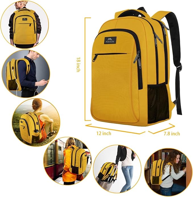 MATEIN Yellow Travel Laptop Backpack, 15.6 Inch Computer Student Bookbag | Anti Theft, Water Resistant, Breathable, Sturdy Lightweight College Backpack, Carry On Personal Item Bag, Gifts for Women Men - Image 7