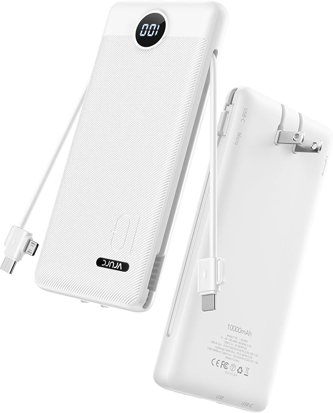 VRURC 10000mAh Portable Phone Charger, Built-in AC Plug & Cables, White | 22.5W fast charging, LED display, built-in Micro/USB-C/Phone cables, airline approved travel accessory,8 oz by Home
