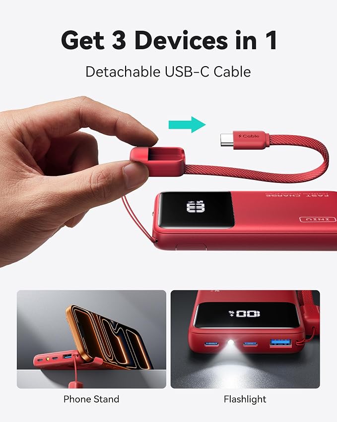 INIU Power Bank, Compact 10000mAh 45W PD Fast Charging Portable Charger | Detachable USB-C Cable, Stand, Flight-Safe, Travel, Flashlight, Battery Pack for iPhone 17 16, Samsung S26, iPad etc, Red - Image 4