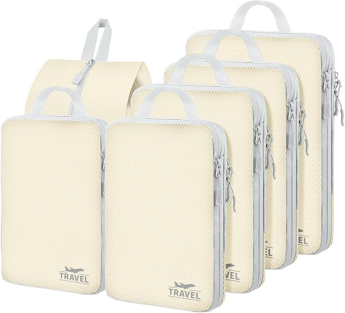 6 Set Compression Packing Cubes, Suitcase Organizer, Lightweight Travel Essentials, Compression Bags For Travel Accessories Luggage Storage Set (6Pcs, Beige) by Unknown