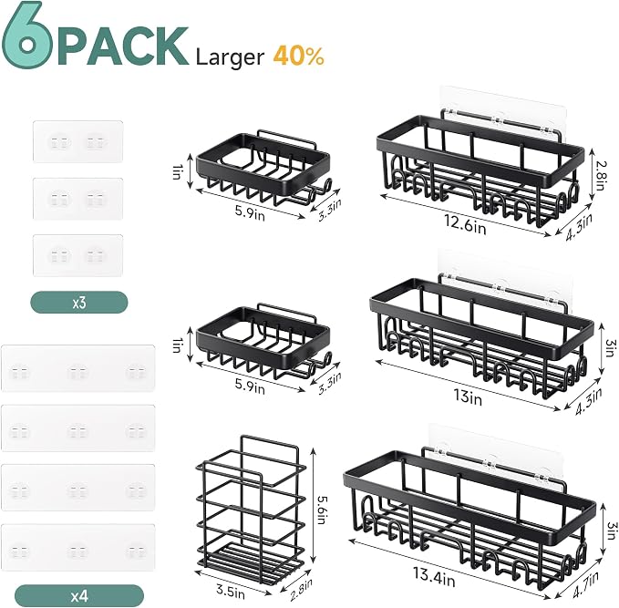 Veken Shower Caddy 6-Pack, Bathroom Organizers and Storage Shelves, Black | Advanced Rustproof Design, Large Capacity, No Drilling, Adhesive Rack with Soap Holder, Wall-Mounted Kitchen & Home Decor - Image 7