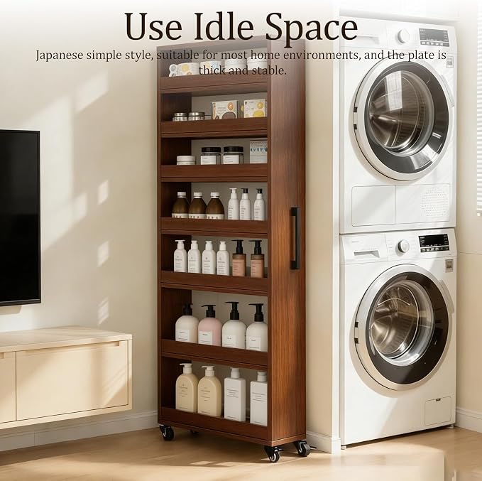 Rolling Spice Rack Next to Side of Fridge Storage Slim Narrow Shelf Lightweight 7 Tier Wooden Storage Cart for Kitchen, Dining Room, Bathroom, Small Spaces (Teak, 72.4" H x 9.8" W x 21.6" D) - Image 4