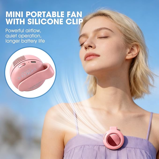 Timeno Portable Clip-On Bladeless Fan, Mini USB Rechargeable 360° Rotatable Fan, 3-Speed Silent Personal Cooling Fan for Outdoor Travel Office (Pink) - Image 3