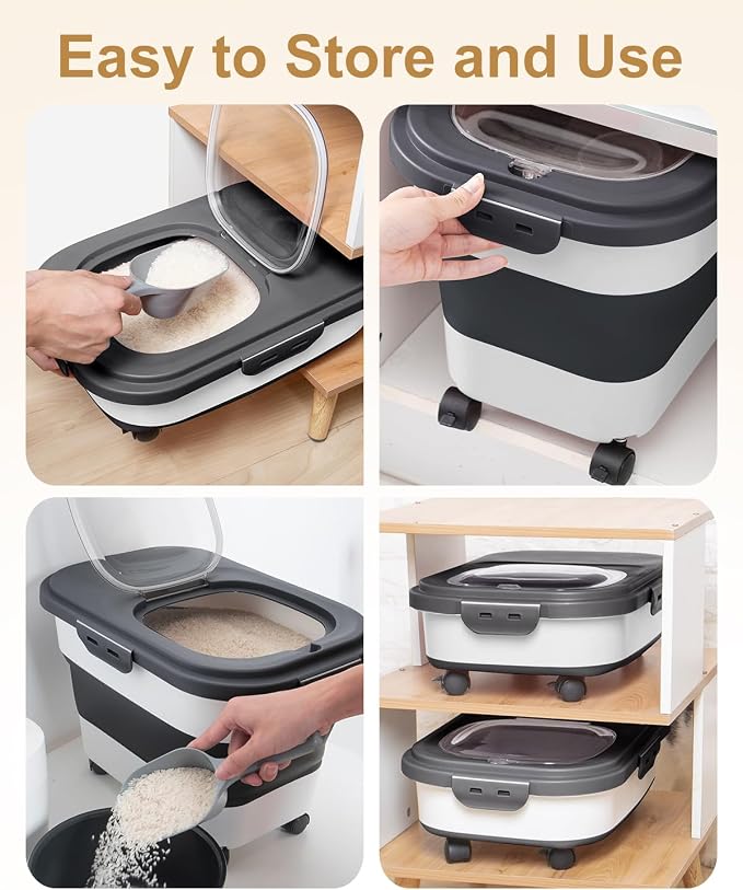 20-30 Lbs Rice Storage Container,Collapsible Food Storage Container | Flour Storage Container with Wheels Airtight Locking Lid,Rice Container Double Seal,Keep Fresh for Pet Food,Rice,Flour - Image 4