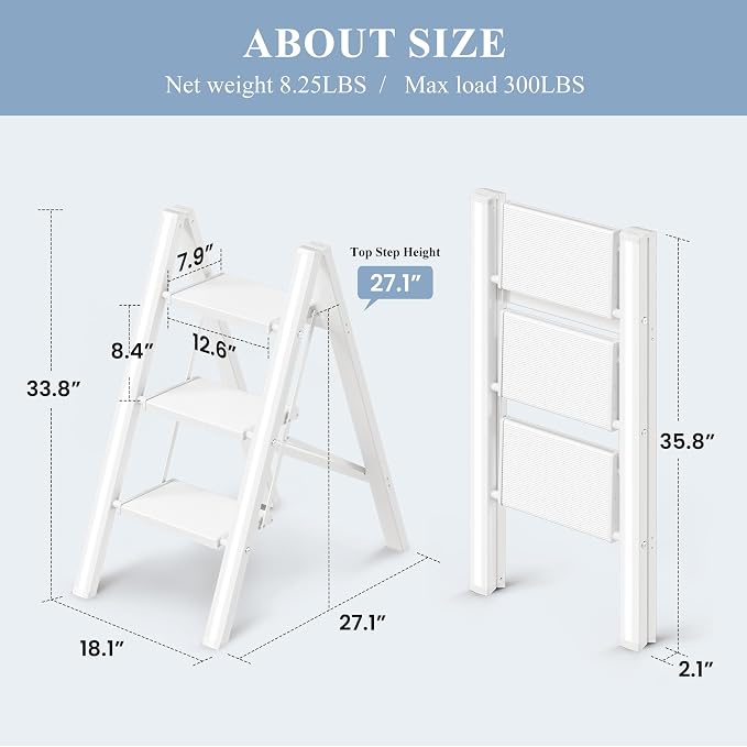 3 Step Ladder, Foldable Aluminum Step Stool with Anti-Slip Pedal | Lightweight yet Sturdy, Portable, Non Slip Feet, 300Lbs Capacity, Elegant Look, for Kitchen, Closet, Pantry, White - Image 6
