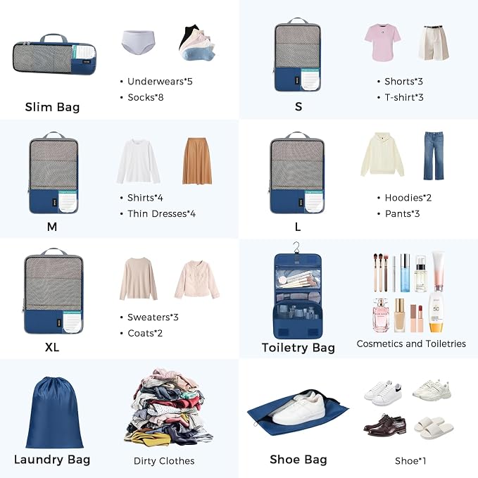 BAGAIL 4 Set/6 Set/8 Set Compression Packing Cubes Travel Accessories Expandable Packing Organizers(HalfMesh,8-Navy) - Image 9