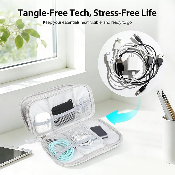 Double Layer Cable Organizer Bag for 3ft+ Cords Light Gray | Water-resistant Oxford pouch with padded lining and 8 compartments. Keeps chargers and power banks compact and organized. - Image 5