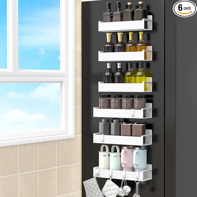 HuggieGems 6 Pack Magnetic Spice Rack Organizer for Refrigerator and Oven, White Fridge Organizers and Storage for Kitchen by HuggieGems