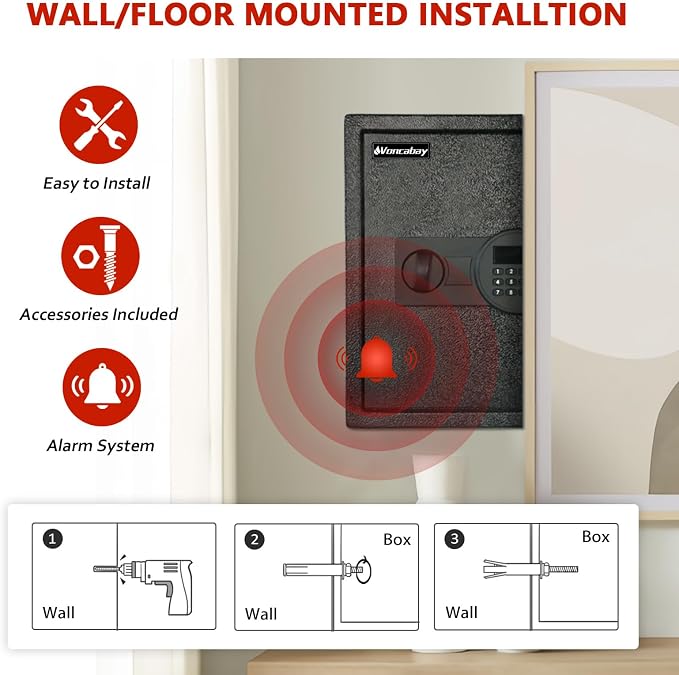 Voncabay Money Safe Box for Home with Digital Keypad, 1.5 Cu. Ft., Black | Alloy Steel, 2 Fireproof Bags, Digital Keypad with Display, Removable Shelf, Alarm System, 14 x 13 x 13 In. - Image 3