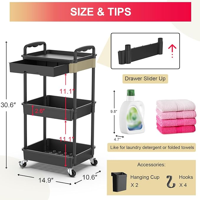 Goovilla 3 Tier Rolling Utility Cart Organizer with Removable Drawer, Black | Stable and Sturdy Rolling Storage Carts with 2 Lockable Wheels for Bathroom, Kitchen, Snack, Craft, Makeup, Baby Essentials - Image 4
