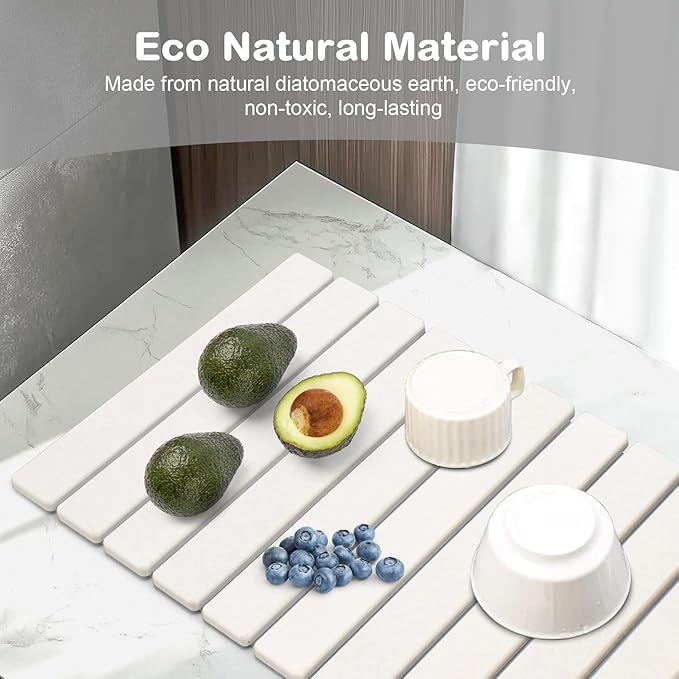 2Pcs Large Stone Dish Drying Mat for Kitchen Counter, Foldable Super Absorbent Diatomaceous Earth Mats with Anti-Slip Leather Base, Quick Drying Modern Dish Mat (White, 24"x 16" & 8"x 4" ) - Image 3