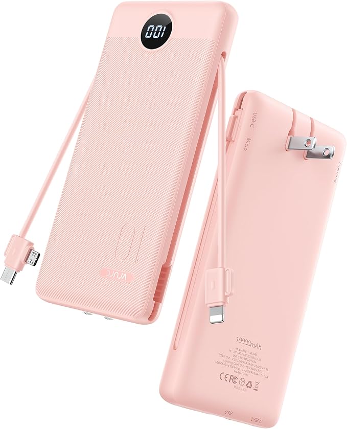 VRURC 22.5W Portable Charger 10000mAh Fast Charging with Built-in AC Plug | powe bank battery pack, travel essentials for women,USB C cable, Ultra Slim,pocket size Pink - Image 8