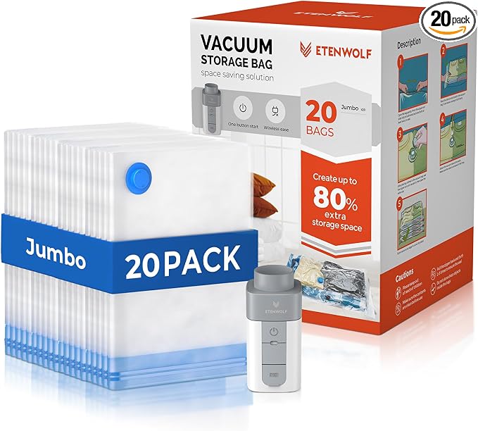 ETENWOLF 20 Jumbo Vacuum Storage Bags for Travel with Wireless Pump | Vacuum Seal Bags for Clothing Travel, Compression Packing Bags for Clothes and Blankets, Space Saver Bags in Carry-On Sizes by ETENWOLF