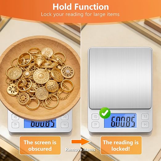 BOMATA 0.01g High Precision Jewelry Scale, 1000g Digital Gram Scale, Silver | Small & Portable Design with Hold, Tare & Counting Function, Precise for Gold, Bullion, Coins, Gemstones & Crafts - Image 5