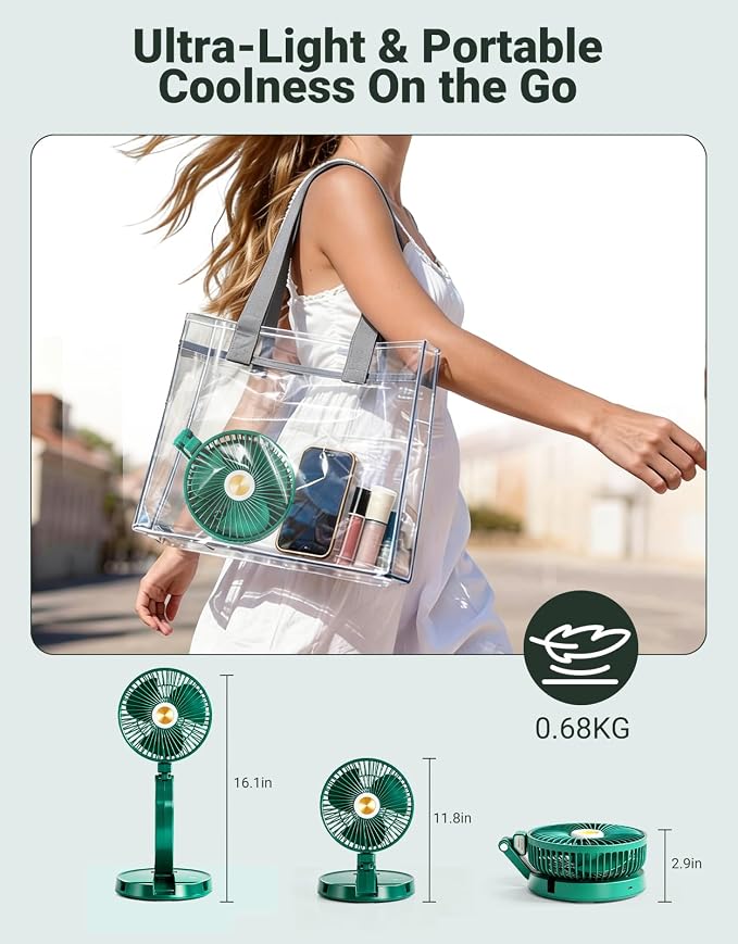 Portable Foldable Oscillating Fan, 6000mAh Battery Powered USB Rechargeable Fan, 16.1 Inches Wireless Desk Fan for Bedroom, Office, Camping and Travel, Green - Image 7