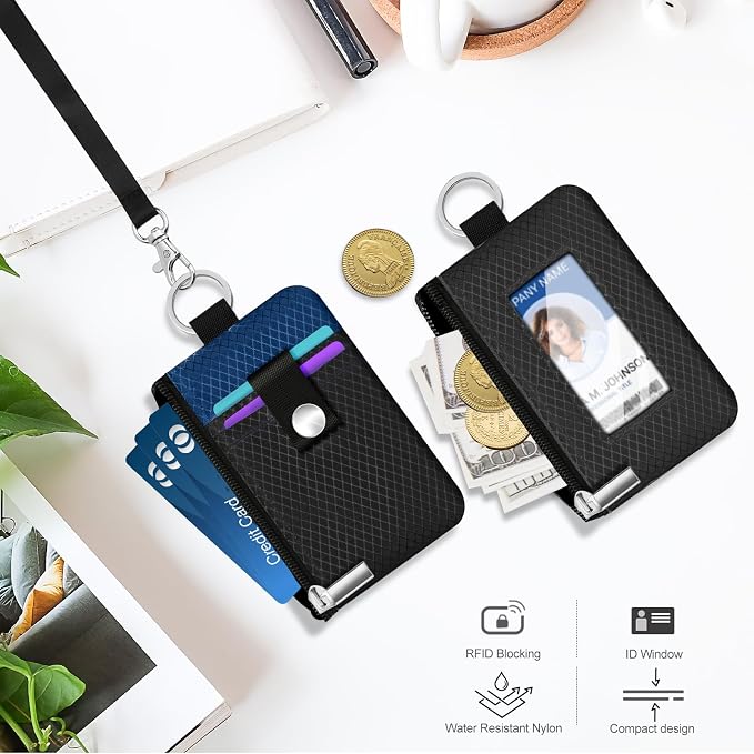 Minimalist RFID Blocking Small Wallet with ID Window,WaterResistant Zip Id Case Wallet with Lanyard Keychain for Cards,Cash,Travel,Women,Men (Black/Electric Blue) - Image 8