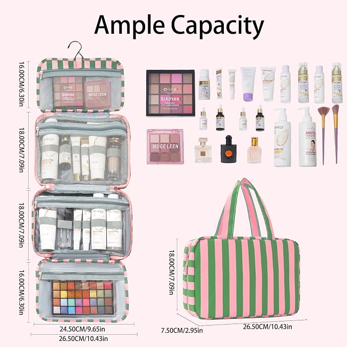Toiletry Bag for Women Travel Water-resistant Cosmetic Bag Fashion Stripes Makeup Bag with Hanging Hook Preppy for Store Toiletries Cosmetic Accessories Medium Green - Image 4