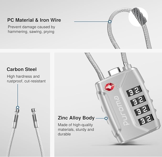 Puroma 2 Pack TSA Approved Luggage Locks 4 Digit Code Cable Lock Silver | Resettable, Flexible Cable, Zipper holes, Zinc Alloy, Bright Color, Large White Numbers, Suitcase Train Travel, laptop bag - Image 5