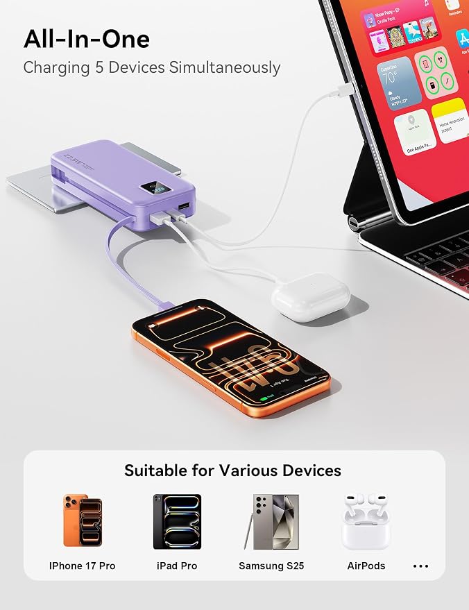 Portable Charger 20000mAh 22.5W w/Built-in Cable & Wall Plug Purple | High capacity, Fast charging, Built-in cables & wall plug, LED display, Charge 5 devices at once, Pass through, TSA approved - Image 7