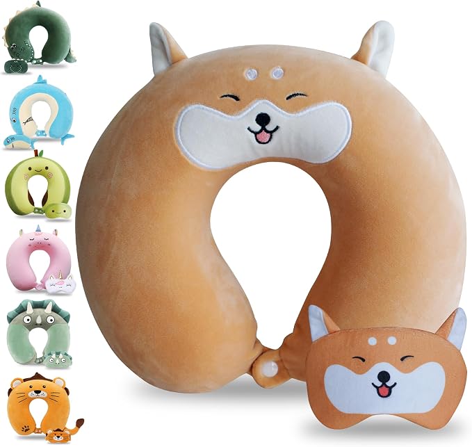 Cute Travel Pillow with Sleep Eye Mask Cartoon Headrest & Neck Pillow for Kids Boys & Girls, Teens, Travel Accessories for Airplane, Car, Recline, Home Use Memory Foam Flight - Cute Yellow Corgi by Sexysamba