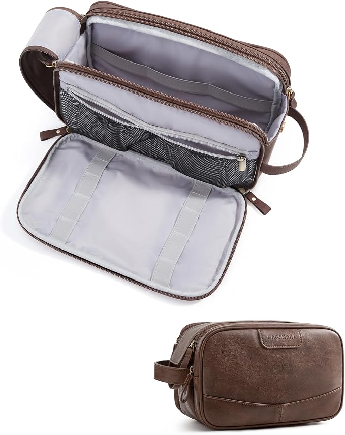 BAGSMART Medium Toiletry Bag for Men, PU Leather Water Resistant, Coffee | High-gloss, Travel Bag for Toiletries, Dopp Kit, Shaving Bag for Bathroom Shower by BAGSMART