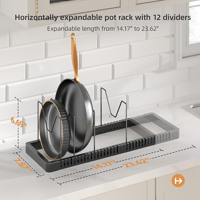 Pots and Pans Organizer under Cabinet, Expandable Pot Lid Organizer Holder with 12 Adjustable Compartment, Pan Organizers inside Cabinet for Lids, Bakeware, Kitchen Storage Pot Rack, Black - Image 2