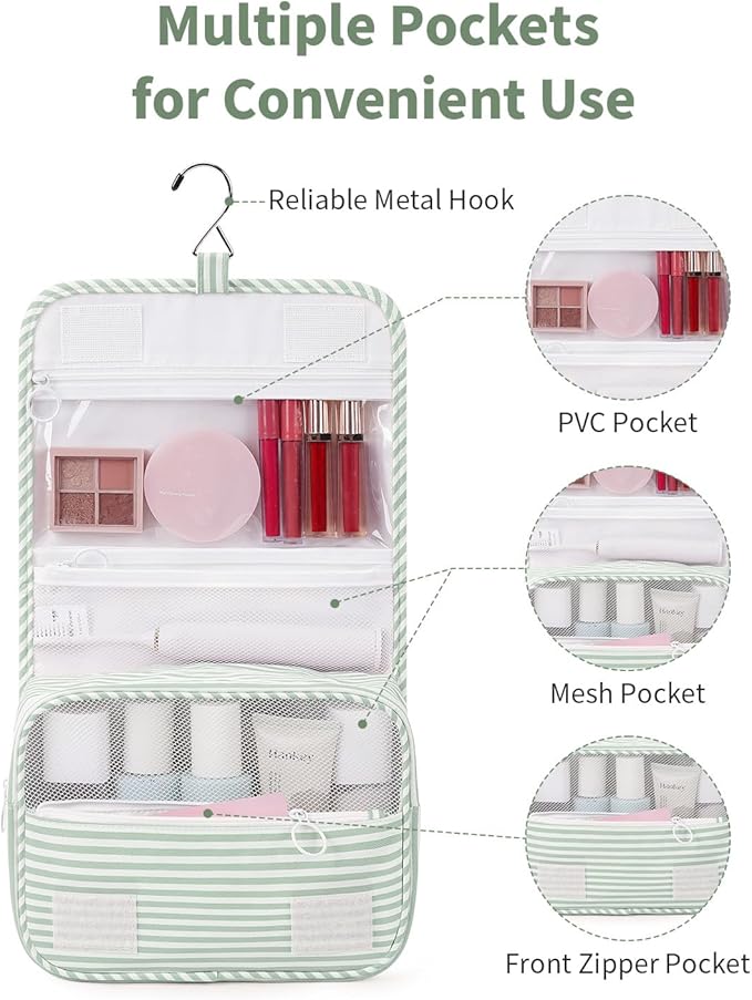 Narwey Small Hanging Toiletry Bag for Travel Women Girl, Striped Toiletries Travel Bag with Hook, Hanging Makeup Bag Organizer Make Up Cosmetic Bags, Gifts for Kids Teen (Mint Green Stripe) - Image 3