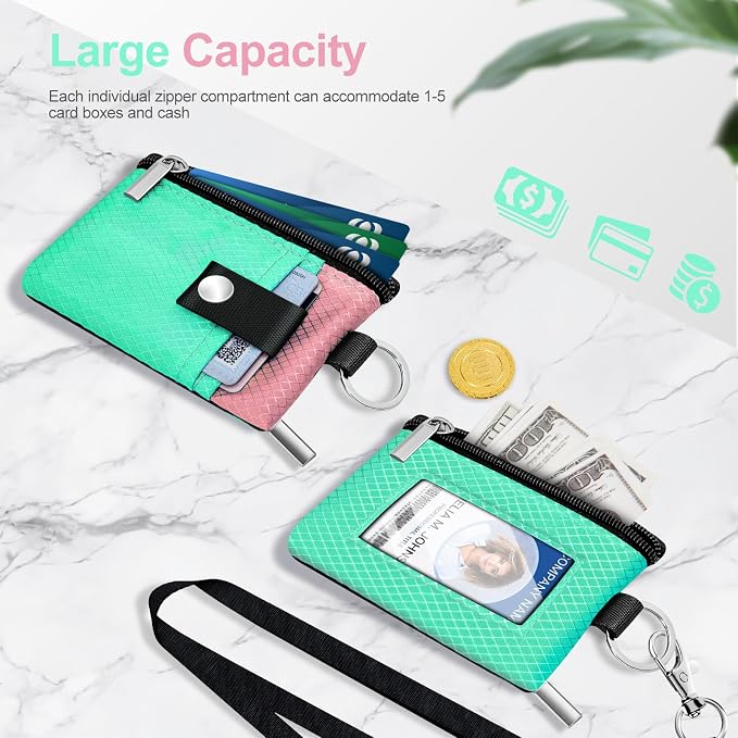 Minimalist RFID Blocking Small Wallet with ID Window,WaterResistant Zip Id Case Wallet with Lanyard Keychain for Cards,Cash,Travel,Women,Men (Mint Green/Pink) - Image 7
