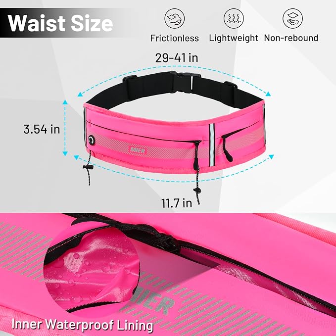 MIER Running Belt for Women & Men, Fanny Pack with Marathon Bib Clip, Pink | Slim Adjustable Phone Holder Pouch; Reflective Waist Packs for Running Essentials; Waterproof Zipper Pockets - Image 4