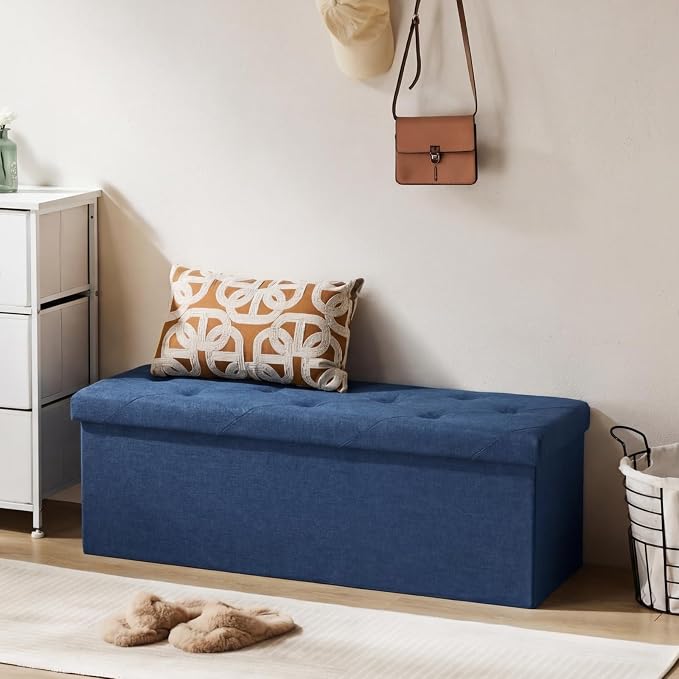 DUMOS 43 Inch Folding Storage Ottoman Bench, Large Ottoman with Storage | Storage Chest with Thicker Foam Padded Seat, End of Bed Foot Rest Stool for Bedroom Living Room Entryway, Load 660 lbs, Blue - Image 6
