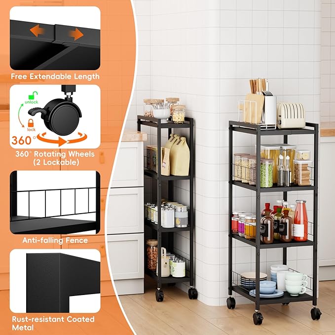 Expandable Slim Storage Cart with Wheels, 4 Tier Narrow Metal Rolling Utility Cart Organizer Adjustable Open Floor Shelving Unit for Small Spaces Bathroom Laundry Room Kitchen - Image 3