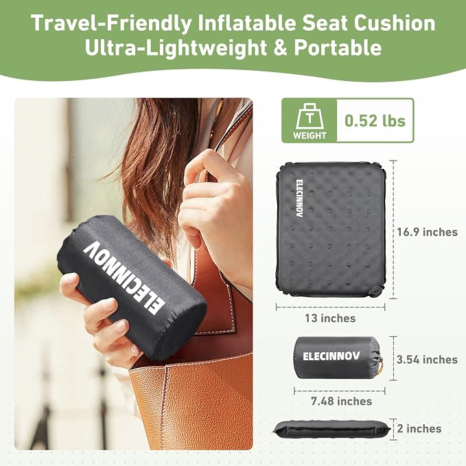 Inflatable Seat Cushion, Self Inflating Compact Stadium Seat Cushion | Airplane Bleacher Seat Cushion Comfortable & Portable Blow-Up High Density Foam Pad for Travel Outdoors Camping (Grey) - Image 2