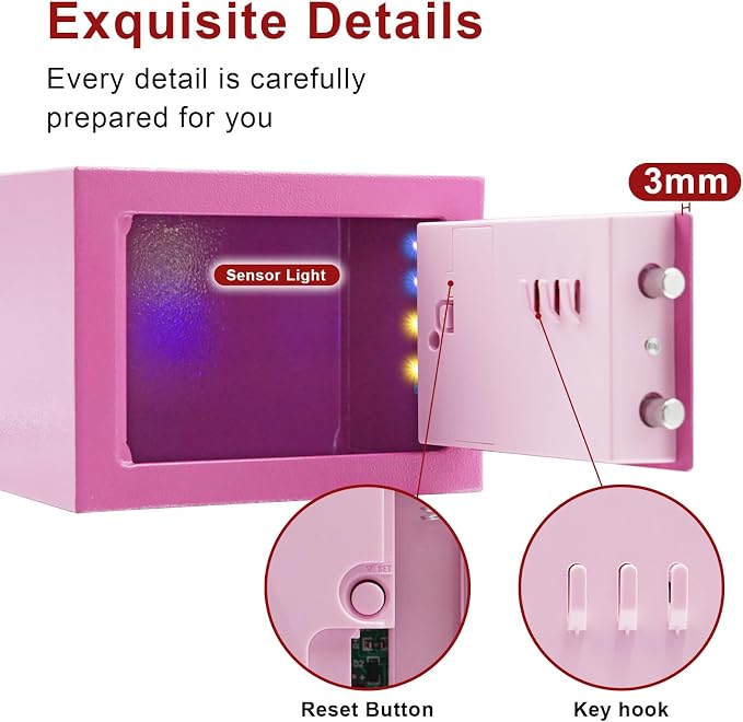 Pink Safe Box with Sensor Light, Electronic Digital Keypad, Steel Construction, Hidden, Small Safe for Office, Home, Hotel - Image 2