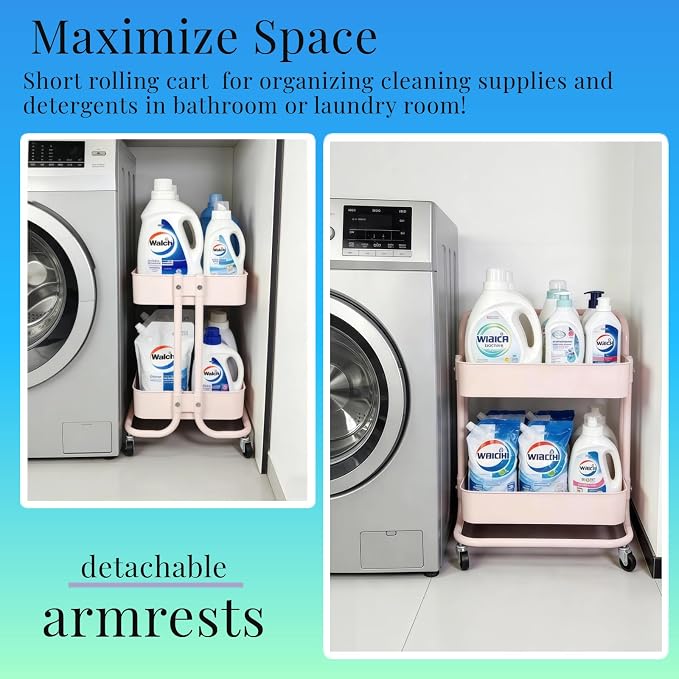 2 Tier Short Rolling Cart with Wheels All-Metal Pink Pantry Storage for Kitchen,Under Desk Trolley with Handle Small Wheeled Storage Cart for Laundry Room Bathroom, Under Table Small Space - Image 7