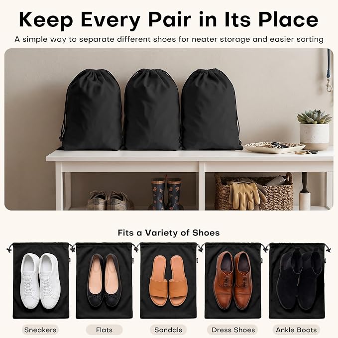 Travel Shoe Bags, 4 Pack Large Flannel Drawstring Bags (Black) | Soft Flannel fabric, 17.7 x 13.8 in, Fits up to Men's 13, Machine Washable - Image 4