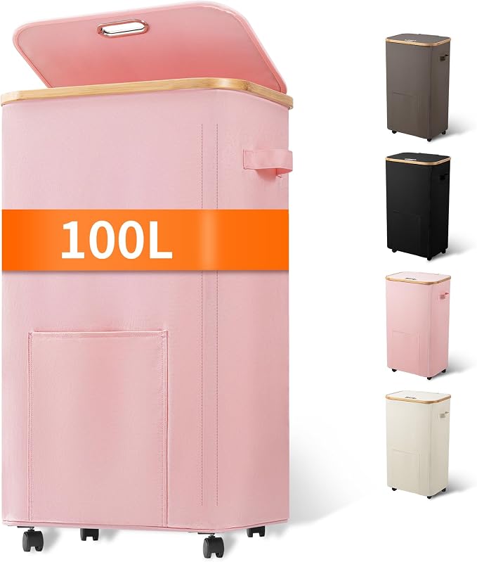 Vincona Laundry Basket with Wheels, Tall Dirty Clothes Hamper on Wheels, Rolling Laundry Hamper with lid for Dorm, Bedroom and Bathroom (Pink, 100L) by Vincona