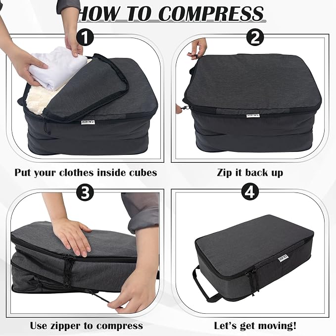 Compression Packing Cubes for Travel Suitcase Organizer Bags, Black, L | Expandable Travel Cubes for Packing Luggage Organizer Bags Compression Bags for Travel Essentials - Image 6