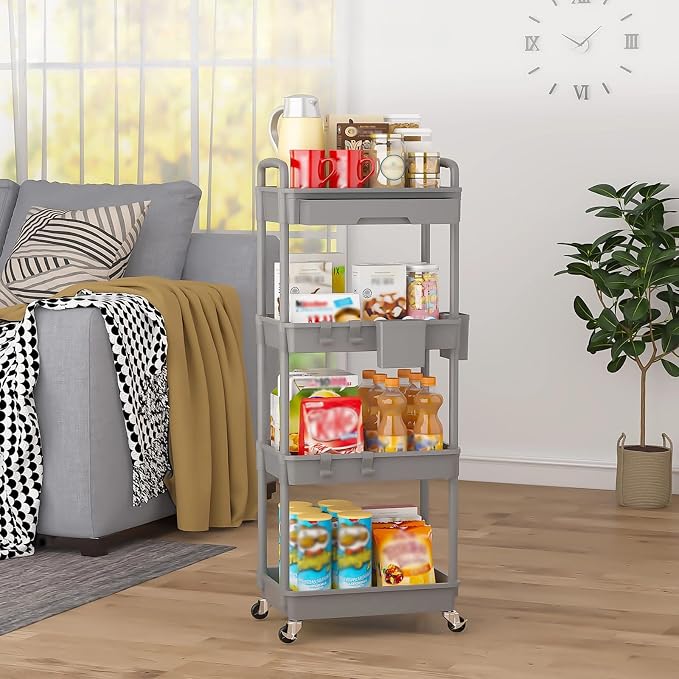 4 Tier Rolling Utility Cart with Drawer, Plastic Storage Organizer Rolling Carts with Wheels Handles Hanging Cups Hooks for Office, Bathroom, Kitchen,Craft Art Room (Grey) - Image 8
