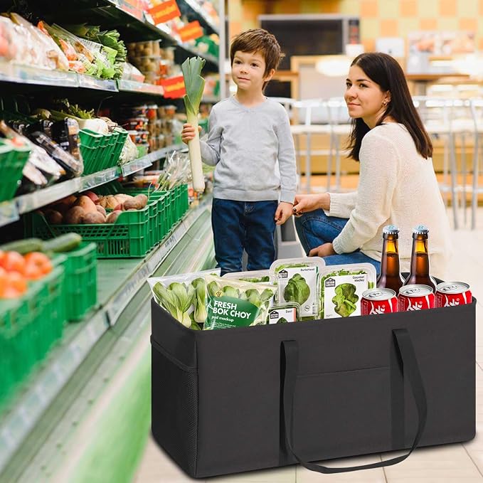 LHZK 2 Pack Extra Large Utility Tote Bag with Metal Wire Frame and the Sides Rinforced, Extra Large Tote Bag with Handle, Reusable Grocery Bags Foldable, Beach Bag, Car Tote (Black, 26''x15''x13'') - Image 2