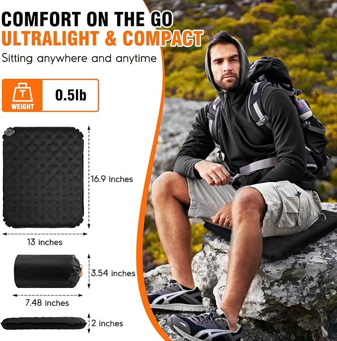 Inflatable Seat Cushion, Self-Inflating Memory Foam Stadium Seats Cushion Lightweight & Compact Chair Sitting Pad Airplane Cushion for Long Flight Travel Outdoor Camping Car Bleachers Office - Image 2