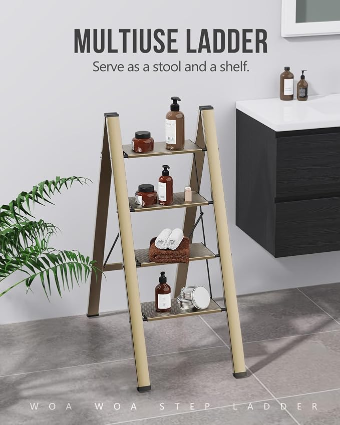 Aluminum 4 Step Ladder, Foldable Step Stool, 300lbs Load, Gold | Folded 43''H x 2''T; Net 9.9 lbs; Rigid Aluminum Steps; No Assembly; For Home, Kitchen, Office, Pantry, Closets, Cabinets - Image 7
