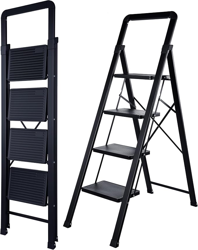 Step Ladder 4-Step Black Finish Folding Ladders | Anti-slip Sturdy Foldable Ladder Step Stool for Kitchen Home Office Libaray by BIBKOKE