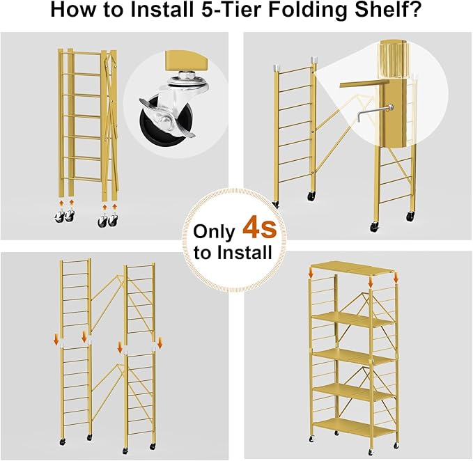 Himix 5-Tier Storage Shelf with Wheels Foldable Expandable Adjustable Gold | Folding shelving units, Metal collapsible organization, Changeable into 2 shelf units, Basement, Kitchen, Holds 2400 Ibs - Image 5