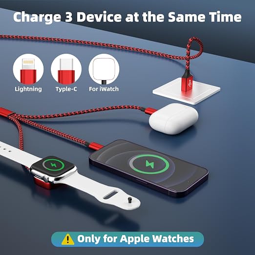 MPATIBY Multi Charging Cable for iWatch Charger, 3 in 1 Charging Cable USB Multiple Charger Cord for iWatch Ultra/SE/10-1, iPhone17-8, iPad, Android, Car, Cruise Essentials - 3Pcs 5FT - Image 2