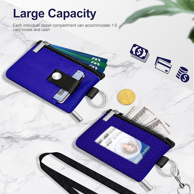 Minimalist RFID Blocking Small Wallet with ID Window,WaterResistant Zip Id Case Wallet with Lanyard Keychain for Cards,Cash,Travel,Women,Men (Sapphire Blue) - Image 7