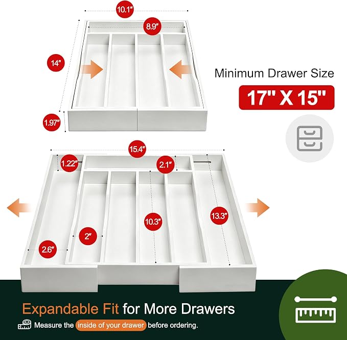 2-Piece Expandable Bamboo Kitchen Drawer Organizer for Cutlery and Utensils, Adjustable Bamboo Wood Cutlery Tray in Drawer for Flatware and Silverware in Kitchen, (White) - Image 2