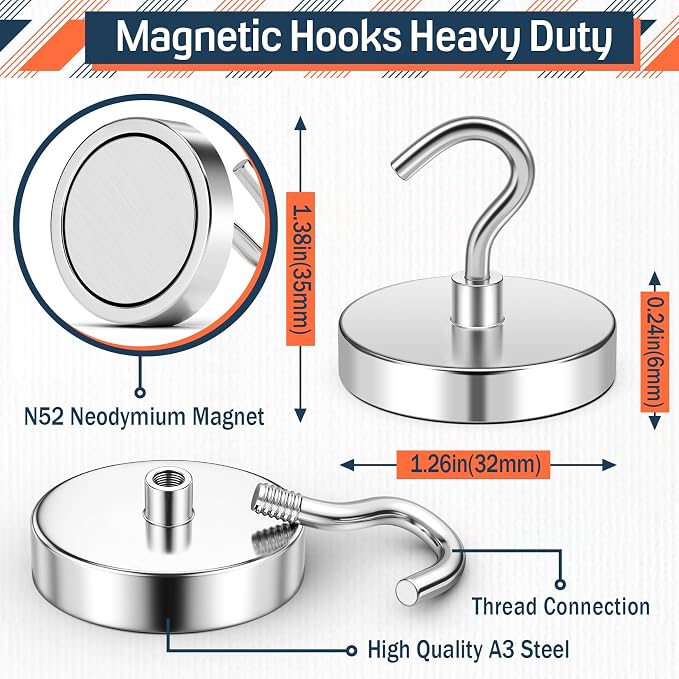 FINDMAG 10 Pack Magnetic Hooks for Cruise Cabins, 110LB+ Magnet Hooks | Heavy Duty Magnetic Hooks Neodymium for Office, Ship, Grills, Refrigerator, Kitchen, Cruise Essentials 2026, Silver - Image 7