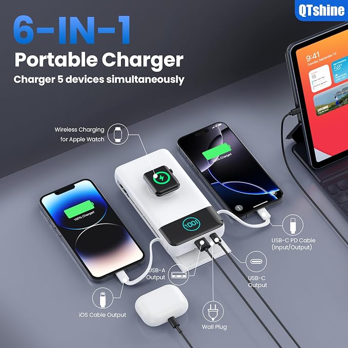 Portable Charger for iPhone, 40800mAh Power Bank with Built-in Cables & AC Wall Plug, 5 Outputs USB C Fast Charging External Battery Pack for iPhone 17/16/15/14, Android, Travel Essential (White) - Image 3